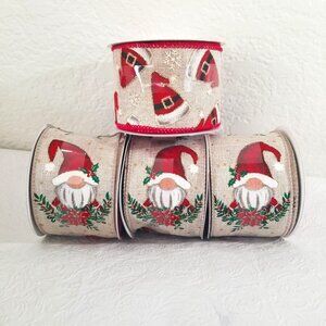 Rustic Gnome Santa Hat Ribbon Wired Set of 4 80ft Total 2.5 Inches Wide - Set #3